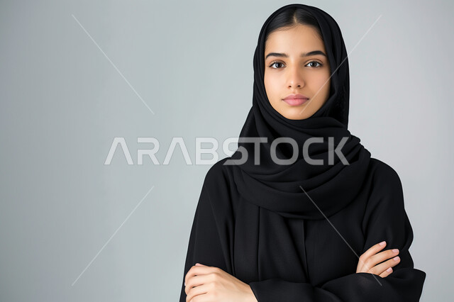 الاهتمام بالأناقة والمظهر الخارجي، التمعن والتركيز والتخطيط للمستقبل، بورتريه مقرب لامرأه خليجيه سعوديه محجبة تنظر الى الكاميرا بإيماءات الثقة بالنفس، التقاط صور شخصية للوثائق الرسمية, خلفية رمادية