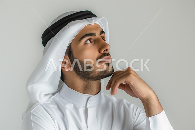 إيماءات الحيرة والقلق, محاولة إيجاد حل لمشكلة ما, التمعن والتركيز والتخطيط للمستقبل، بورتريه مقرب لرجل عربي خليجي سعودي يرتدي الثوب التقليدي وينظر بعيداً بتعابير التفكير والتأمل، النظر بشرود إلى مكان ما, خلفية رمادية
