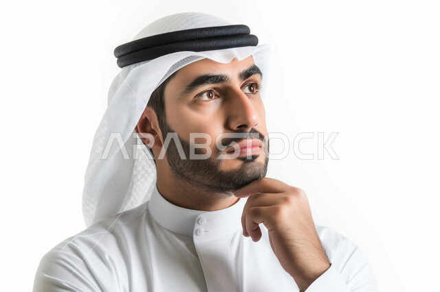 النظر بشرود إلى مكان ما, إيماءات الحيرة والقلق, محاولة إيجاد حل لمشكلة ما, التمعن والتركيز والتخطيط للمستقبل، بورتريه مقرب لرجل عربي خليجي سعودي يرتدي الثوب التقليدي ينظر بعيداً بتعابير التفكير والتأمل، خلفية بيضاء