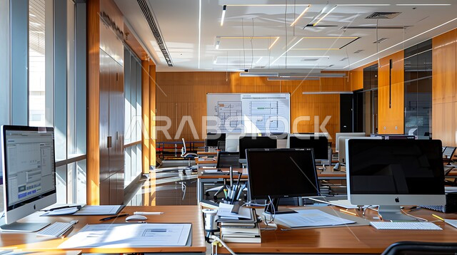 تصميم داخلي وديكورات راقية على الطراز الحديث، تصاميم عصرية حديثة للشركات السعودية، الفن الهندسي المعماري لمكاتب الأعمال، نوافذ وواجهات زجاجية كبيرة