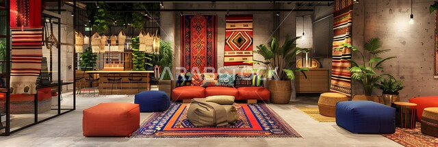 ديكورات وتصاميم  بعناصر من الأسواق السعودية التقليدية، تجهيزات حديثة وأثاث أنيق ومريح, المنسوجات الملونة والسلال المنسوجة يدويًا، تصاميم داخلية وديكورات راقية وفاخرة