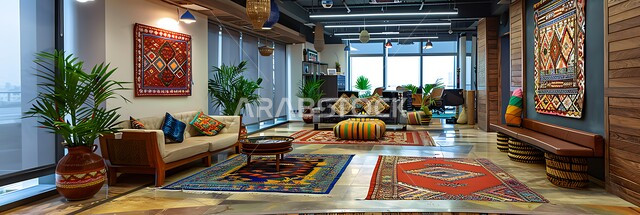 Decorations and designs with elements of traditional Saudi markets, modern equipment and elegant and comfortable furniture, colorful textiles and hand-woven baskets, elegant and luxurious interior designs and decorations