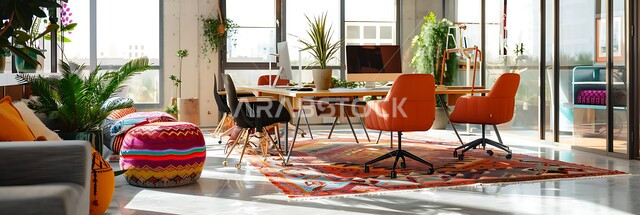 ديكورات وتصاميم  بعناصر من الأسواق السعودية التقليدية، تجهيزات حديثة وأثاث أنيق ومريح, المنسوجات الملونة والسلال المنسوجة يدويًا، تصاميم داخلية وديكورات راقية وفاخرة