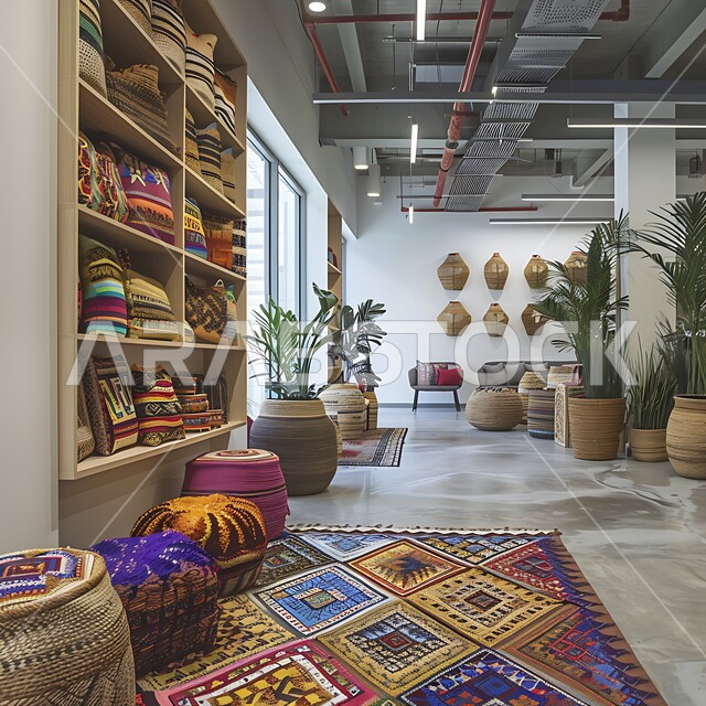 ديكورات وتصاميم  بعناصر من الأسواق السعودية التقليدية، تجهيزات حديثة وأثاث أنيق ومريح, المنسوجات الملونة والسلال المنسوجة يدويًا، تصاميم داخلية وديكورات راقية وفاخرة