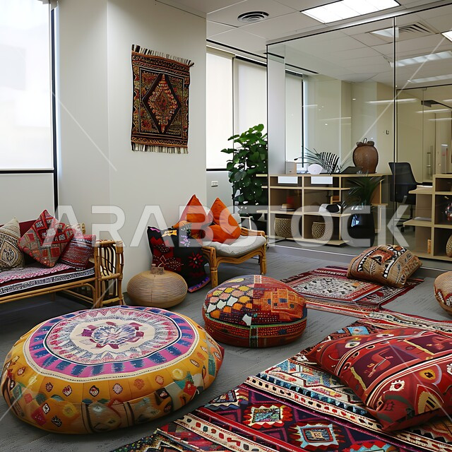 ديكورات وتصاميم  بعناصر من الأسواق السعودية التقليدية، تجهيزات حديثة وأثاث أنيق ومريح, المنسوجات الملونة والسلال المنسوجة يدويًا، تصاميم داخلية وديكورات راقية وفاخرة