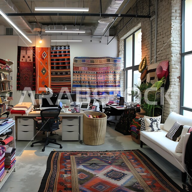 ديكورات وتصاميم  بعناصر من الأسواق السعودية التقليدية، تجهيزات حديثة وأثاث أنيق ومريح, المنسوجات الملونة والسلال المنسوجة يدويًا، تصاميم داخلية وديكورات راقية وفاخرة