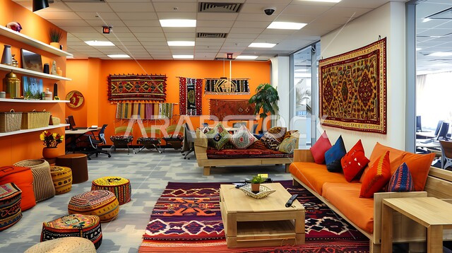 تجهيزات حديثة وأثاث أنيق ومريح, ديكورات وتصاميم  بعناصر من الأسواق السعودية التقليدية، المنسوجات الملونة والسلال المنسوجة يدويًا، تصاميم داخلية وديكورات راقية وفاخرة