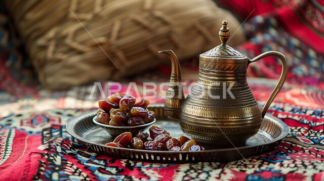 مفهوم الضيافة العربية الأصيلة, تقديم المشروبات الساخنة للزوار, حسن استقبال الضيف وإكرامه, دلة قهوة عربية مع عدة فناجين, حبات التمر السكرية اللذيذة, البن العربي الخليجي الفاخر, ضيافات الأعياد والمناسبات الإسلامية