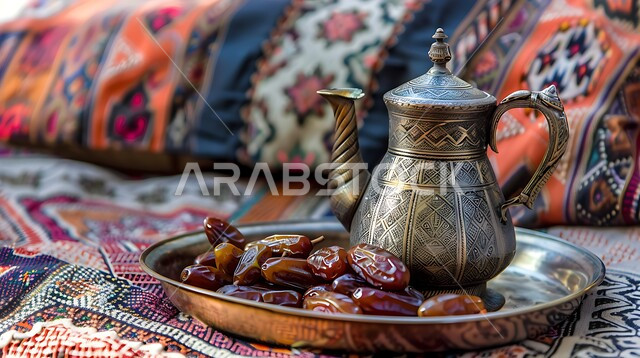 The concept of authentic Arab hospitality, providing hot drinks to visitors, welcoming and honoring the guest, an Arabic coffee pot with several cups, delicious sugary dates, luxurious Gulf Arabic coffee, hospitality for Islamic holidays and occasions