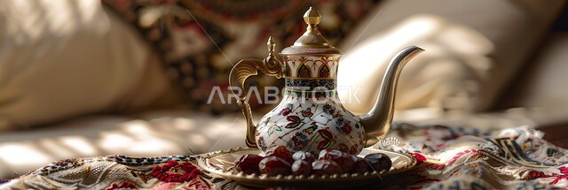 مفهوم الضيافة العربية الأصيلة, تقديم المشروبات الساخنة للزوار, حسن استقبال الضيف وإكرامه, دلة قهوة عربية مع عدة فناجين, حبات التمر السكرية اللذيذة, البن العربي الخليجي الفاخر, ضيافات الأعياد والمناسبات الإسلامية