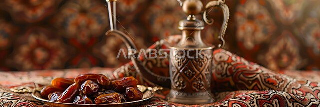 مفهوم الضيافة العربية الأصيلة, تقديم المشروبات الساخنة للزوار, حسن استقبال الضيف وإكرامه, دلة قهوة عربية مع عدة فناجين, حبات التمر السكرية اللذيذة, البن العربي الخليجي الفاخر, ضيافات الأعياد والمناسبات الإسلامية