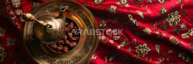 مفهوم الضيافة العربية الأصيلة, تقديم المشروبات الساخنة للزوار, حسن استقبال الضيف وإكرامه, دلة قهوة عربية مع عدة فناجين, حبات التمر السكرية اللذيذة, البن العربي الخليجي الفاخر, ضيافات الأعياد والمناسبات الإسلامية