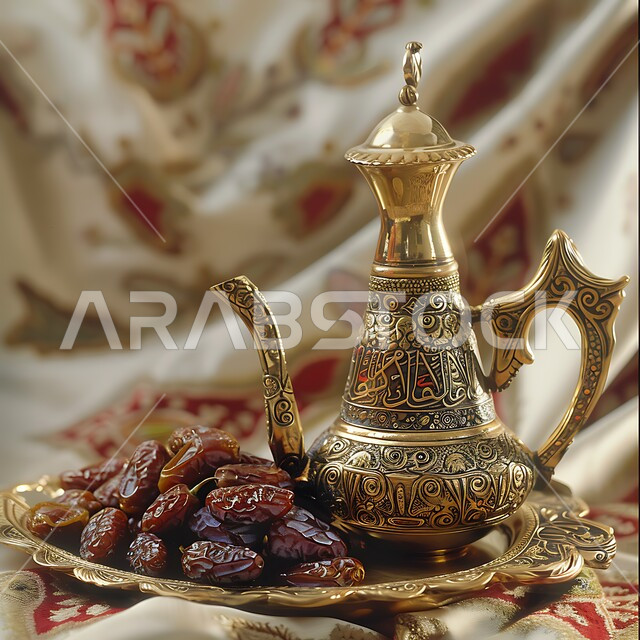 مفهوم الضيافة العربية الأصيلة, تقديم المشروبات الساخنة للزوار, حسن استقبال الضيف وإكرامه, دلة قهوة عربية مع عدة فناجين, حبات التمر السكرية اللذيذة, البن العربي الخليجي الفاخر, ضيافات الأعياد والمناسبات الإسلامية