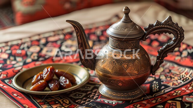 مفهوم الضيافة العربية الأصيلة, تقديم المشروبات الساخنة للزوار, حسن استقبال الضيف وإكرامه, دلة قهوة عربية مع عدة فناجين, حبات التمر السكرية اللذيذة, البن العربي الخليجي الفاخر, ضيافات الأعياد والمناسبات الإسلامية