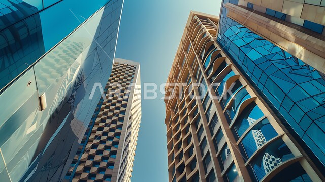 لقطة مقربة للتفاصيل المعمارية الحديثة من ناطحات السحاب في الرياض، انعكاس التطور الحضاري السريع في المدينة، معالم واماكن مشهورة، ابراج بواجهات زجاجية في المملكة العربية السعودية