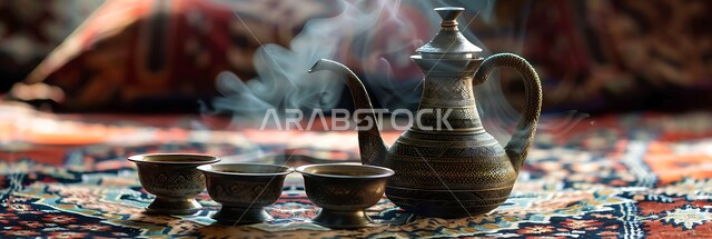 Providing hot drinks to visitors, the concept of authentic Arab hospitality, welcoming and honoring the guest, an Arabic coffee pot with several cups, luxurious Gulf Arabic coffee, hospitality for holidays and Islamic occasions