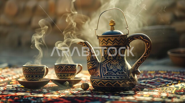 تقديم المشروبات الساخنة للزوار, مفهوم الضيافة العربية الأصيلة, حسن استقبال الضيف وإكرامه, دلة قهوة عربية مع عدة فناجين, البن العربي الخليجي الفاخر, ضيافات الأعياد والمناسبات الإسلامية