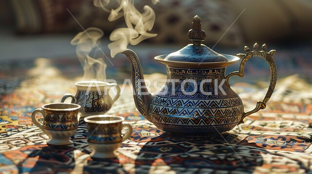 تقديم المشروبات الساخنة للزوار, مفهوم الضيافة العربية الأصيلة, حسن استقبال الضيف وإكرامه, دلة قهوة عربية مع عدة فناجين, البن العربي الخليجي الفاخر, ضيافات الأعياد والمناسبات الإسلامية