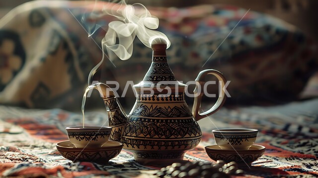 حسن استقبال الضيف وإكرامه, تقديم المشروبات الساخنة للزوار, مفهوم الضيافة العربية الأصيلة, دلة قهوة عربية مع عدة فناجين, البن العربي الخليجي الفاخر, ضيافات الأعياد والمناسبات الإسلامية