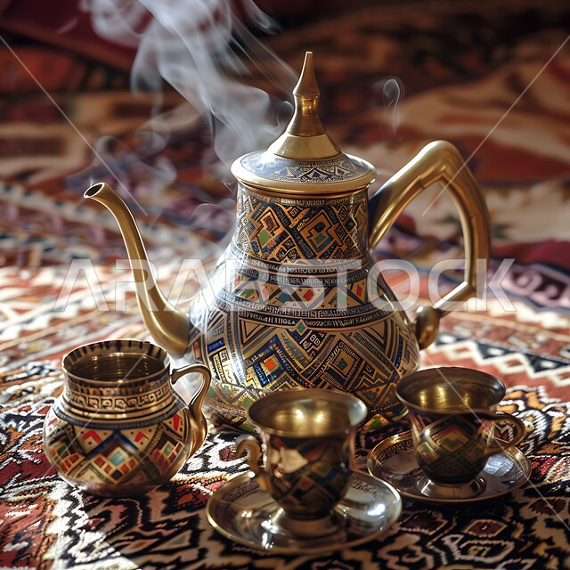 Greeting and honoring the guest, providing hot drinks to visitors, the concept of authentic Arab hospitality, an Arabic coffee pot with several cups, luxurious Gulf Arabic coffee, hospitality for Islamic holidays and occasions