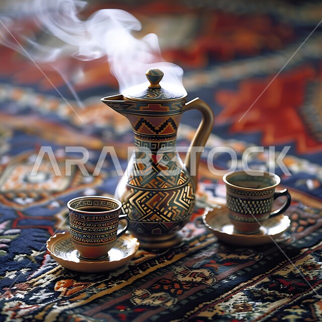 حسن استقبال الضيف وإكرامه, تقديم المشروبات الساخنة للزوار, مفهوم الضيافة العربية الأصيلة, دلة قهوة عربية مع عدة فناجين, البن العربي الخليجي الفاخر, ضيافات الأعياد والمناسبات الإسلامية