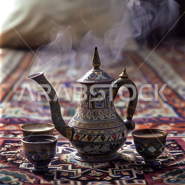 حسن استقبال الضيف وإكرامه, تقديم المشروبات الساخنة للزوار, مفهوم الضيافة العربية الأصيلة, دلة قهوة عربية مع عدة فناجين, البن العربي الخليجي الفاخر, ضيافات الأعياد والمناسبات الإسلامية