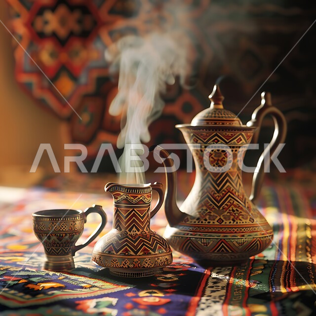 حسن استقبال الضيف وإكرامه, تقديم المشروبات الساخنة للزوار, مفهوم الضيافة العربية الأصيلة, دلة قهوة عربية مع عدة فناجين, البن العربي الخليجي الفاخر, ضيافات الأعياد والمناسبات الإسلامية