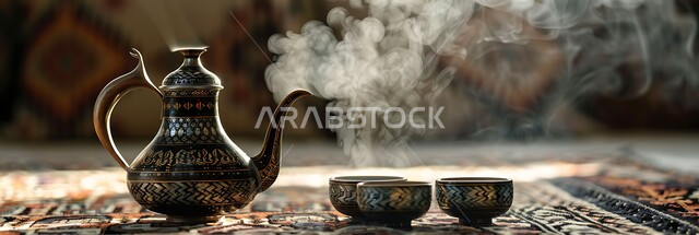 حسن استقبال الضيف وإكرامه, تقديم المشروبات الساخنة للزوار, مفهوم الضيافة العربية الأصيلة, دلة قهوة عربية مع عدة فناجين, البن العربي الخليجي الفاخر, ضيافات الأعياد والمناسبات الإسلامية
