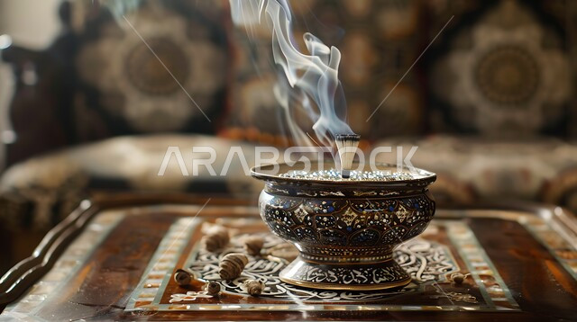 خشب العود الفاخر والفحم، صورة مقربة لمبخرة فضية تقليدية، التعطر والتطيب باطيب الروائح والعطور، أصالة العادات والتقاليد في المملكة العربية السعودية، منظر الدخان المنتشر من البخور، منتج وطني محلي سعودي