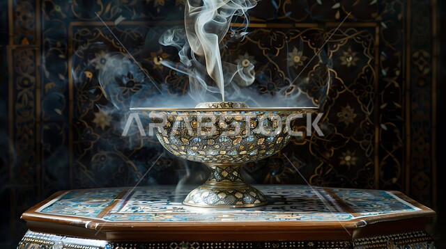 خشب العود الفاخر والفحم، صورة مقربة لمبخرة فضية تقليدية، التعطر والتطيب باطيب الروائح والعطور، أصالة العادات والتقاليد في المملكة العربية السعودية، منظر الدخان المنتشر من البخور، منتج وطني محلي سعودي