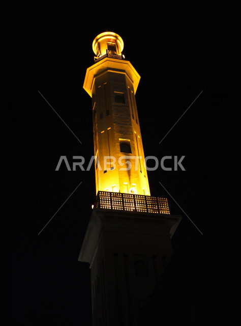 The minaret (the lighthouse) is a tall high building attached to mosques, worship and getting closer to God, the sound of the call to prayer, the call of Muslims to pray, the minaret mosque