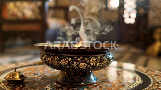 خشب العود الفاخر والفحم، صورة مقربة لمبخرة فضية تقليدية، التعطر والتطيب باطيب الروائح والعطور، أصالة العادات والتقاليد في المملكة العربية السعودية، منظر الدخان المنتشر من البخور، منتج وطني محلي سعودي