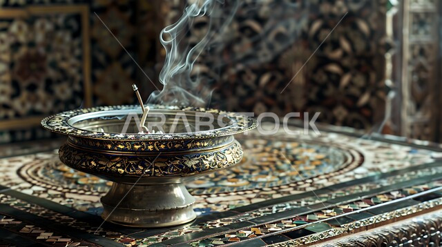 Luxurious agarwood and charcoal, a close-up of a traditional silver incense burner, perfuming and perfuming with the best scents and perfumes, the authenticity of customs and traditions in the Kingdom of Saudi Arabia, the view of smoke spreading from incense, a local Saudi national product.
