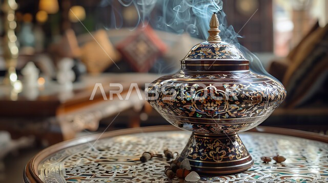 Luxurious agarwood and charcoal, a close-up of a traditional silver incense burner, perfuming and perfuming with the best scents and perfumes, the authenticity of customs and traditions in the Kingdom of Saudi Arabia, the view of smoke spreading from incense, a local Saudi national product.