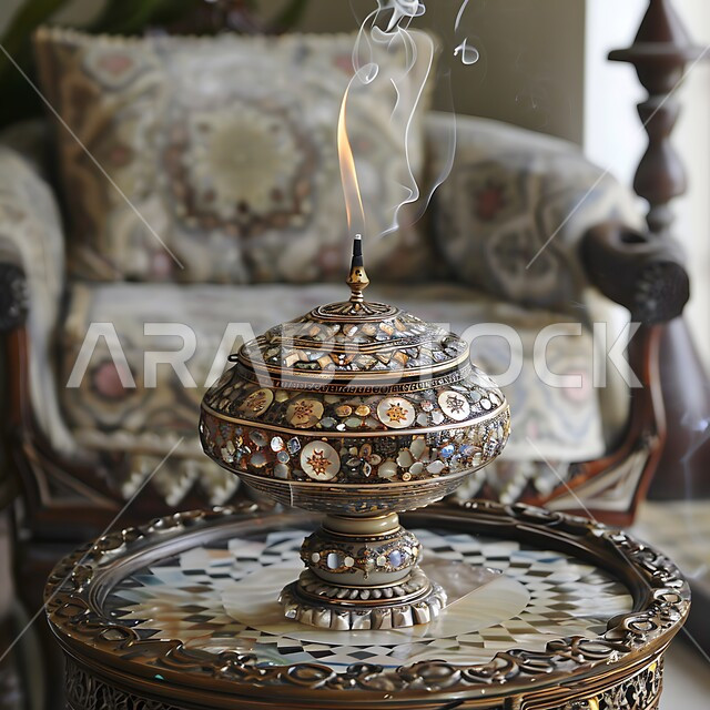 خشب العود الفاخر والفحم، صورة مقربة لمبخرة فضية تقليدية، التعطر والتطيب باطيب الروائح والعطور، أصالة العادات والتقاليد في المملكة العربية السعودية، منظر الدخان المنتشر من البخور، منتج وطني محلي سعودي