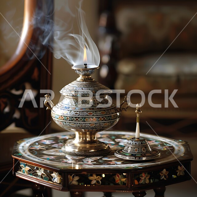 Luxurious agarwood and charcoal, a close-up of a traditional silver incense burner, perfuming and perfuming with the best scents and perfumes, the authenticity of customs and traditions in the Kingdom of Saudi Arabia, the view of smoke spreading from incense, a local Saudi national product.