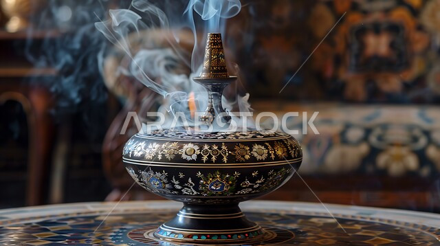خشب العود الفاخر والفحم، صورة مقربة لمبخرة فضية تقليدية، التعطر والتطيب باطيب الروائح والعطور، أصالة العادات والتقاليد في المملكة العربية السعودية، منظر الدخان المنتشر من البخور، منتج وطني محلي سعودي