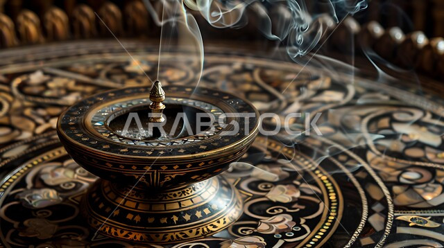 خشب العود الفاخر والفحم، صورة مقربة لمبخرة فضية تقليدية، التعطر والتطيب باطيب الروائح والعطور، أصالة العادات والتقاليد في المملكة العربية السعودية، منظر الدخان المنتشر من البخور، منتج وطني محلي سعودي