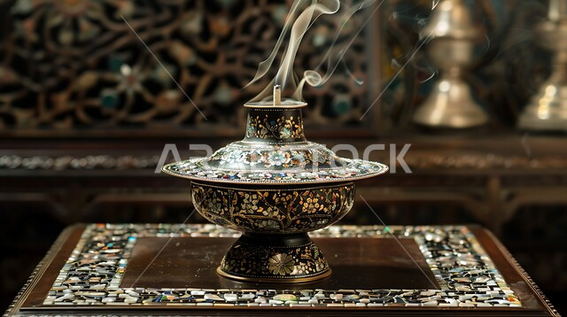 خشب العود الفاخر والفحم، صورة مقربة لمبخرة فضية تقليدية، التعطر والتطيب باطيب الروائح والعطور، أصالة العادات والتقاليد في المملكة العربية السعودية، منظر الدخان المنتشر من البخور، منتج وطني محلي سعودي