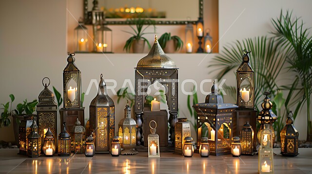 مجموعة من الفوانيس المزخرفة المعدني المضيئة, ديكورات وزينة و أنوار الاحتفالات بالمناسبات و الأعياد الدينية الإسلامية, البهجة بقدوم رمضان المبارك, أضواء و مصابيح عربية تقليدية, الأجواء الروحانية في الأيام الفضيلة, الاستعداد لاستقبال الشهر الفضيل