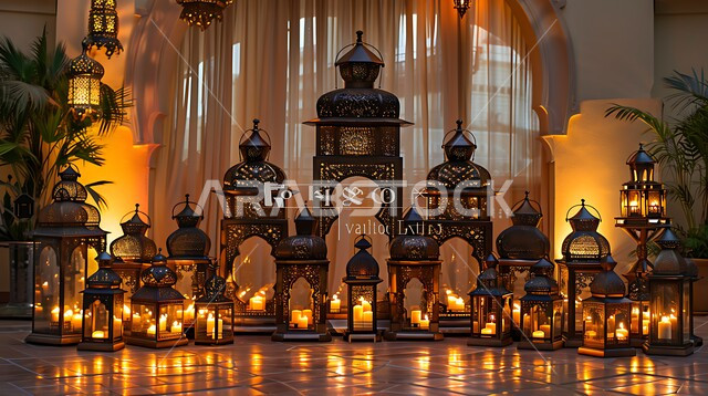 مجموعة من الفوانيس المزخرفة المعدني المضيئة, ديكورات وزينة و أنوار الاحتفالات بالمناسبات و الأعياد الدينية الإسلامية, البهجة بقدوم رمضان المبارك, أضواء و مصابيح عربية تقليدية, الأجواء الروحانية في الأيام الفضيلة, الاستعداد لاستقبال الشهر الفضيل