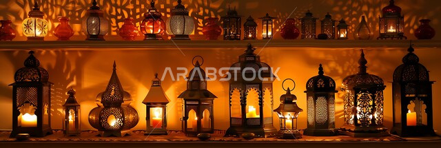 مجموعة من الفوانيس المزخرفة المعدني المضيئة, ديكورات وزينة و أنوار الاحتفالات بالمناسبات و الأعياد الدينية الإسلامية, البهجة بقدوم رمضان المبارك, أضواء و مصابيح عربية تقليدية, الأجواء الروحانية في الأيام الفضيلة, الاستعداد لاستقبال الشهر الفضيل