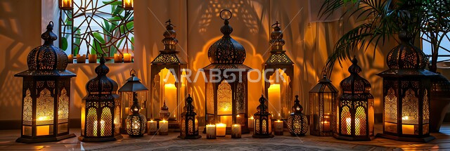 مجموعة من الفوانيس المزخرفة المعدني المضيئة, ديكورات وزينة و أنوار الاحتفالات بالمناسبات و الأعياد الدينية الإسلامية, البهجة بقدوم رمضان المبارك, أضواء و مصابيح عربية تقليدية, الأجواء الروحانية في الأيام الفضيلة, الاستعداد لاستقبال الشهر الفضيل