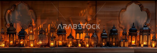 مجموعة من الفوانيس المزخرفة المعدني المضيئة, ديكورات وزينة و أنوار الاحتفالات بالمناسبات و الأعياد الدينية الإسلامية, البهجة بقدوم رمضان المبارك, أضواء و مصابيح عربية تقليدية, الأجواء الروحانية في الأيام الفضيلة, الاستعداد لاستقبال الشهر الفضيل