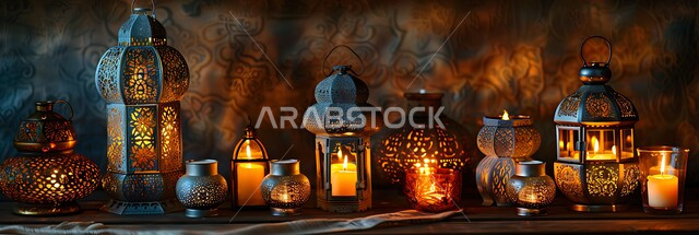 مجموعة من الفوانيس المزخرفة المعدني المضيئة, ديكورات وزينة و أنوار الاحتفالات بالمناسبات و الأعياد الدينية الإسلامية, البهجة بقدوم رمضان المبارك, أضواء و مصابيح عربية تقليدية, الأجواء الروحانية في الأيام الفضيلة, الاستعداد لاستقبال الشهر الفضيل
