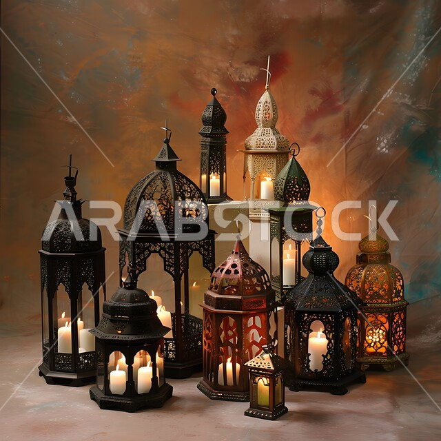  الاحتفالات بالمناسبات و الأعياد الدينية الإسلامية, ديكورات وزينة و أنوار، مجموعة من الفوانيس المزخرفة المعدنية المضيئة، البهجة بقدوم رمضان المبارك, أضواء و مصابيح عربية تقليدية, الأجواء الروحانية في الأيام الفضيلة, الاستعداد لاستقبال الشهر الفضيل