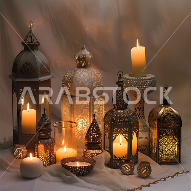  الاحتفالات بالمناسبات و الأعياد الدينية الإسلامية, ديكورات وزينة و أنوار، مجموعة من الفوانيس المزخرفة المعدنية المضيئة، البهجة بقدوم رمضان المبارك, أضواء و مصابيح عربية تقليدية, الأجواء الروحانية في الأيام الفضيلة, الاستعداد لاستقبال الشهر الفضيل