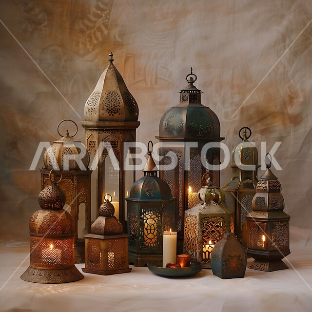  الاحتفالات بالمناسبات و الأعياد الدينية الإسلامية, ديكورات وزينة و أنوار، مجموعة من الفوانيس المزخرفة المعدنية المضيئة، البهجة بقدوم رمضان المبارك, أضواء و مصابيح عربية تقليدية, الأجواء الروحانية في الأيام الفضيلة, الاستعداد لاستقبال الشهر الفضيل