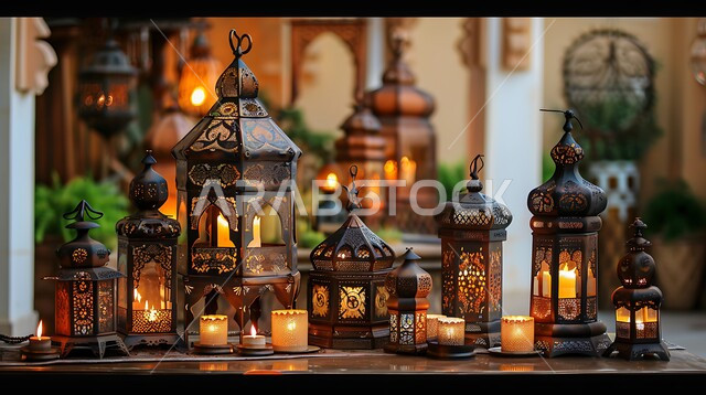  الاحتفالات بالمناسبات و الأعياد الدينية الإسلامية, ديكورات وزينة و أنوار، مجموعة من الفوانيس المزخرفة المعدنية المضيئة، البهجة بقدوم رمضان المبارك, أضواء و مصابيح عربية تقليدية, الأجواء الروحانية في الأيام الفضيلة, الاستعداد لاستقبال الشهر الفضيل