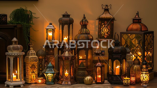  الاحتفالات بالمناسبات و الأعياد الدينية الإسلامية, ديكورات وزينة و أنوار، مجموعة من الفوانيس المزخرفة المعدنية المضيئة، البهجة بقدوم رمضان المبارك, أضواء و مصابيح عربية تقليدية, الأجواء الروحانية في الأيام الفضيلة, الاستعداد لاستقبال الشهر الفضيل